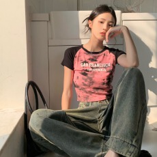 批发已出货 罗纹 插短袖T恤女正肩别致扎染美式甜辣上衣