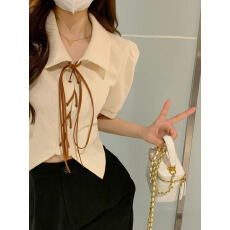 批发已出货 华夫格 polo领绑带设计感小众短袖<b class='q'>衬衣</b>新款