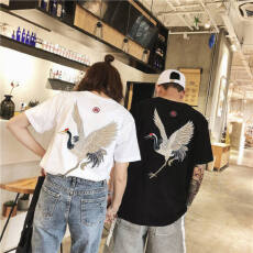 批发已出货 100%纯棉官图 夏季中国风体恤<b class='q'>半截</b><b class='q'>袖</b>刺绣仙鹤短<b class='q'>袖</b>T恤男女