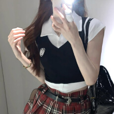 批发已出货 学院风假两件<b class='q'>马甲</b>拼接短袖T恤女夏季短款上衣辣妹衬衫