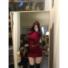 批发【韩漫身材】圣诞新年酒红高领长袖百搭<b class='q'>连衣裙</b>女显身材掐腰包臀裙