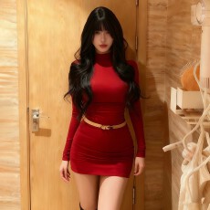 批发辣妹修身纯色打底半高领长袖包臀<b class='q'>连衣裙</b>女内搭冬天配大衣的红裙子