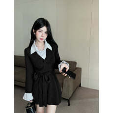 批发慵懒风<b class='q'>韩版</b>假两件衬衫拼接系带收腰针织连衣裙女秋冬短款毛衣裙女