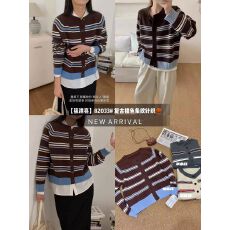 批发2025港味复古条纹撞色长袖毛衣外套女秋季宽松显瘦上衣