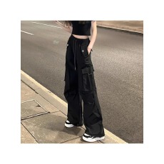 批发黑色工装裤女款<b class='q'>春</b>秋2025新款小个子美式复古速干宽松直筒阔腿裤夏