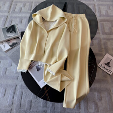 批发休闲运动套装<b class='q'>女</b>秋季新款修身短款卫衣内搭<b class='q'>蕾丝</b>背心阔腿长裤三件套