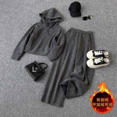 批发时尚休闲运动套装女秋款洋气减龄气质半拉链连帽卫衣直筒裤两件套