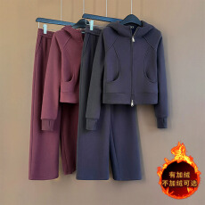 批发慵懒风时尚休闲套装女秋冬新款韩系连帽拉链外套阔腿长裤两件套潮