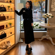 批发高级感时尚黑色套装裙女春季新款御姐气质拼接卫衣半身裙两件套潮
