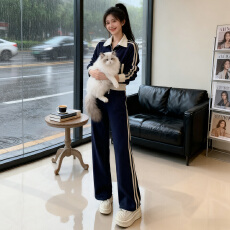 批发高级感时尚休闲套装<b class='q'>女</b>秋季撞色拼接短款修身外套阔腿<b class='q'>运动</b>裤两件套