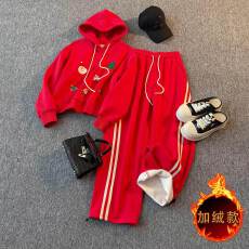 批发韩版休闲运动时尚套装女秋冬新款卡通印花连帽卫衣直筒长<b class='q'>裤</b>两件套