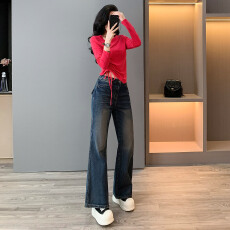 批发个性简约时尚休闲套装<b class='q'>女</b>春款斜肩领口设计长袖上衣牛仔长裤两件套