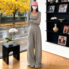 批发欧货<b class='q'>时尚</b>套装女春季款慵懒风纯色开衫上衣灰色内搭阔腿长裤三件套