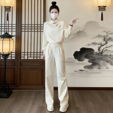 批发欧洲站<b class='q'>休闲</b>时尚<b class='q'>套装</b>女春季新款中式立领盘扣卫衣显瘦阔腿裤两件套