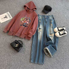 批发俏皮可爱时尚套装女春季新款连帽刺绣卡通上衣破洞牛仔长<b class='q'>裤</b>两件套