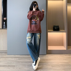 批发韩版时尚休闲套装女春季新款连帽刺绣卡通上衣破洞牛仔长<b class='q'>裤</b>两件套