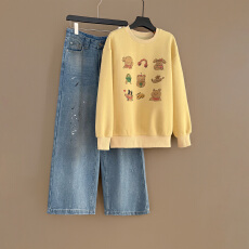 批发休闲时尚套<b class='q'>装</b>女春季新款洋气减龄圆领印花长袖卫衣牛仔长<b class='q'>裤</b>两件套