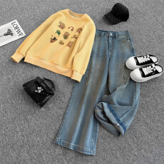 批发时尚休闲运动套<b class='q'>装</b>女春季洋气减龄宽松圆领印花卫衣牛仔长<b class='q'>裤</b>两件套