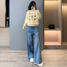 批发高级感时尚减龄纯色套<b class='q'>装</b>女春季新款宽松圆领印花卫衣牛仔<b class='q'>裤</b>两件套