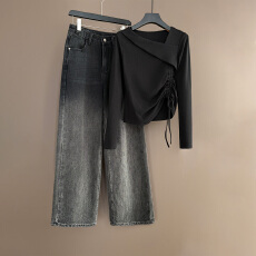 批发高级感时尚潮流套<b class='q'>装</b>女春新款修身显瘦斜肩抽绳上衣牛仔长<b class='q'>裤</b>两件套