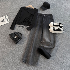 批发盐系穿搭休闲时尚套<b class='q'>装</b>女春款不规则斜肩抽绳长袖上衣牛仔<b class='q'>裤</b>两件套