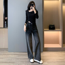 批发韩版时尚休闲套<b class='q'>装</b>女春新款斜肩不规则设计长袖上衣牛仔长<b class='q'>裤</b>两件套