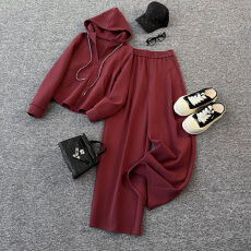 批发休闲时尚减龄套装<b class='q'>女</b>春季新款宽松显瘦红色连帽卫衣阔腿<b class='q'>长裤</b>两件套