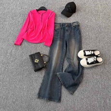 批发高级感时尚潮流套<b class='q'>装</b>女春新款修身显瘦圆领长袖上衣牛仔长<b class='q'>裤</b>两件套