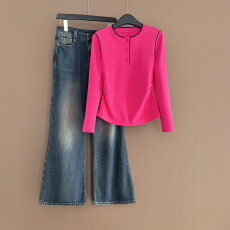 批发时尚简约套<b class='q'>装</b>女春季新款收腰显瘦圆领拼接长袖上衣牛仔长<b class='q'>裤</b>两件套