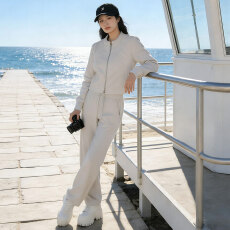 批发女春季新款休闲<b class='q'>运动服</b>套装修身显瘦开衫外套高腰系带阔腿裤两件套