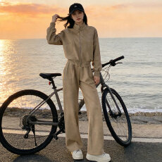 批发休闲运动套装女春新款韩版时尚洋气修身显瘦开衫上衣阔腿裤两件套