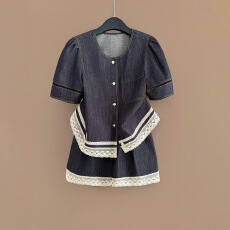 批发慵懒风<b class='q'>时尚</b>减龄套<b class='q'>装</b>女夏新款圆领花边设计短袖上衣阔腿短<b class='q'>裤</b>两件套