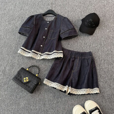 批发女夏季新款韩版<b class='q'>时尚</b>休闲套<b class='q'>装</b>花边设计圆领短袖上衣阔腿短<b class='q'>裤</b>两件套