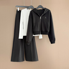 批发欧货运动套<b class='q'>装</b>女春款连帽双头拉链卫衣内搭白色T恤直筒长<b class='q'>裤</b>三件套