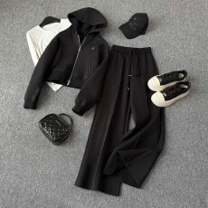 批发欧货运动套<b class='q'>装</b>女春款连帽双头拉链卫衣内搭白色T恤直筒长<b class='q'>裤</b>三件套