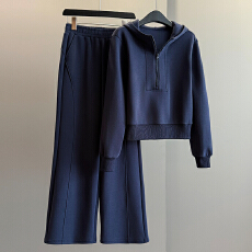 批发欧货慵懒风时尚<b class='q'>套装</b><b class='q'>女</b>春季设计感纯色连帽外套休闲阔腿长裤两件套