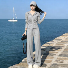 批发欧货时尚运动套装女<b class='q'>春</b>季新款洋气褶皱开衫连帽卫衣阔腿裤两件套潮
