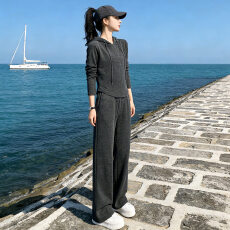 批发盐系休闲运动套装女<b class='q'>春</b>洋气减龄显瘦连帽拉链开衫上衣阔腿裤两件套