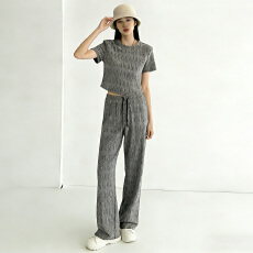 批发高端时尚休闲套装女夏季修身显瘦气质减龄短袖上衣阔腿裤两件套潮