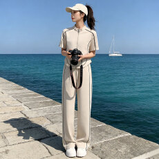 批发时尚休闲运动套装女夏款修身显瘦竖纹拼接短袖上衣阔腿长裤两件套