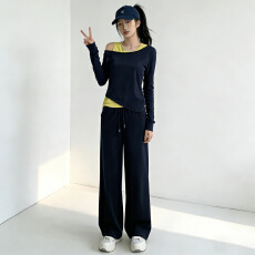 批发春季新款超火穿搭一整套设计感撞色真两件露肩长袖上衣长裤三件套