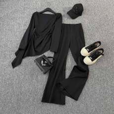 批发设计感时尚休闲套<b class='q'>装</b>女春款修身显瘦不规则长袖上衣微喇长裤两件套