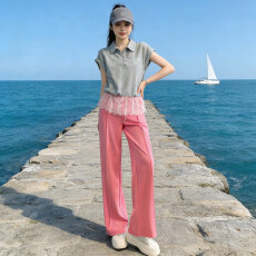 批发韩系时尚休闲套装女夏新季款百搭显瘦半开领<b class='q'>蕾丝</b>短袖阔腿裤两件套