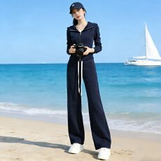 批发高级感时尚气质休闲套装女春季新款双头拉链开衫<b class='q'>卫衣</b>阔腿裤两件套