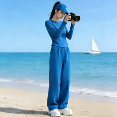 批发欧货时尚休闲运动套装春季新款圆领收腰<b class='q'>长袖</b>上衣直筒长裤两件套潮