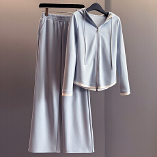 批发韩系运动休闲套装女春新款撞色拼接半拉链<b class='q'>长袖</b><b class='q'>卫衣</b>阔腿长裤两件套