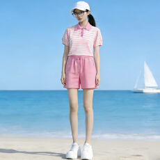 批发小个子时尚休闲套<b class='q'>装</b>女夏<b class='q'>显瘦</b>条纹印花Polo领短袖上衣阔腿<b class='q'>裤</b><b class='q'>两件套</b>