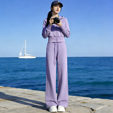 批发欧货慵懒风时尚套装女<b class='q'>春</b>季设计感纯色连帽外套休闲阔腿长裤两件套