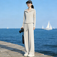 批发高级感时尚气质休闲套装女秋季新款纯色拉链开衫卫衣阔腿裤两件套