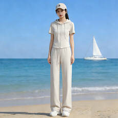 批发高级感时尚休闲<b class='q'>修身</b>套装女夏新款拉链抽绳开衫连帽上衣阔腿裤套装